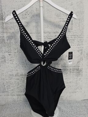 Bar III Black Studded Cutout One-Piece Swimsuit